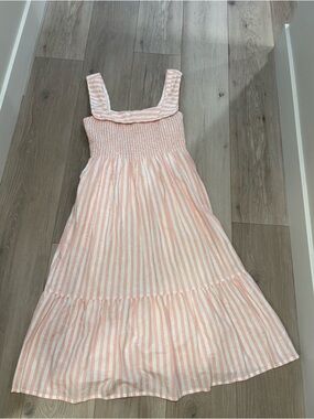 Pink and White Striped Midi Sundress with Smocked Bodice